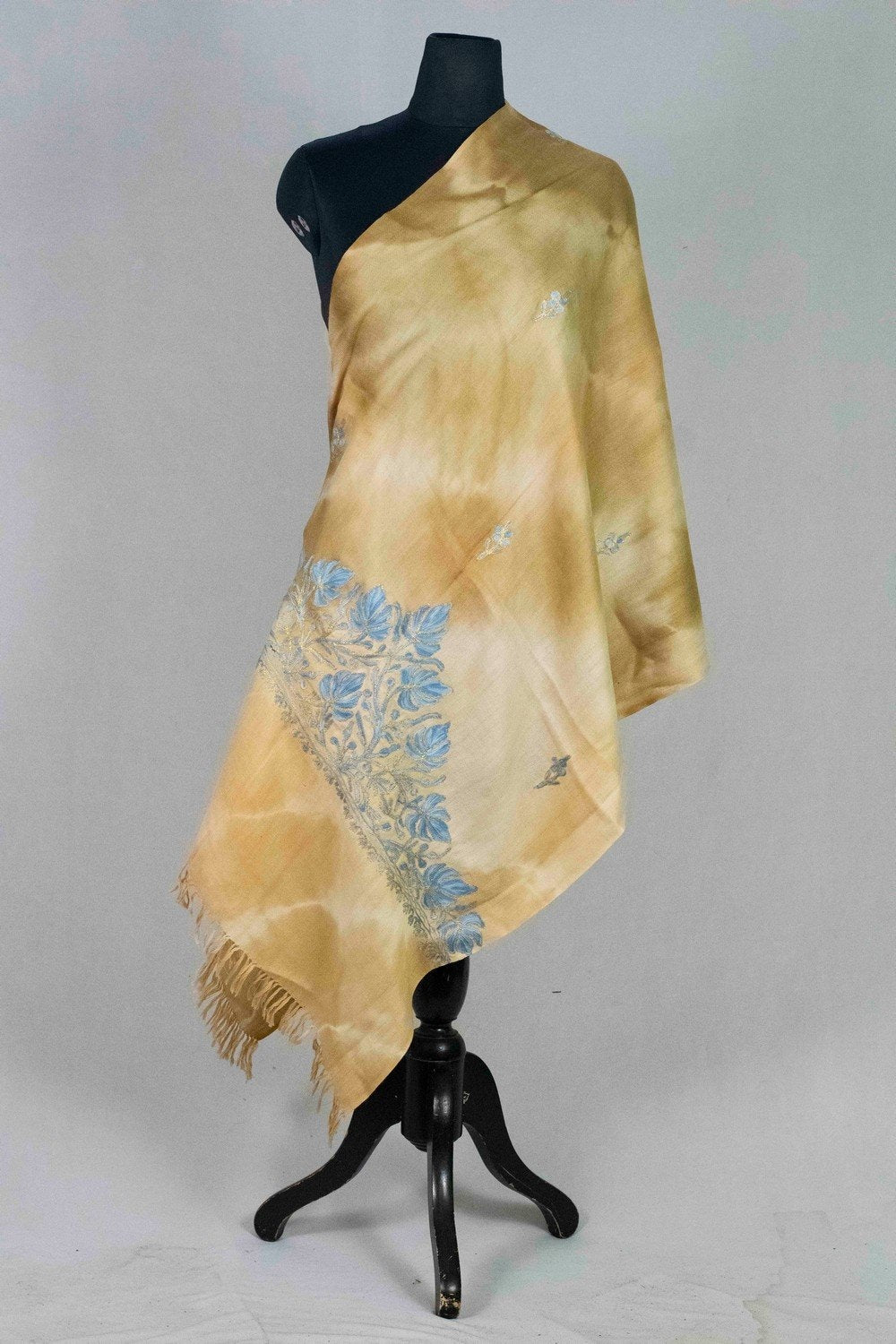 Yellow Olive Colour Tye Dye Stole With kashmiri Embroidery