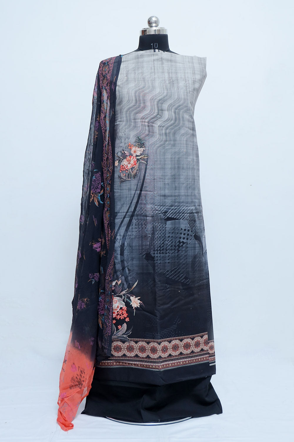 Attractive Charcoal Black Colour Beautifully Printed Suit