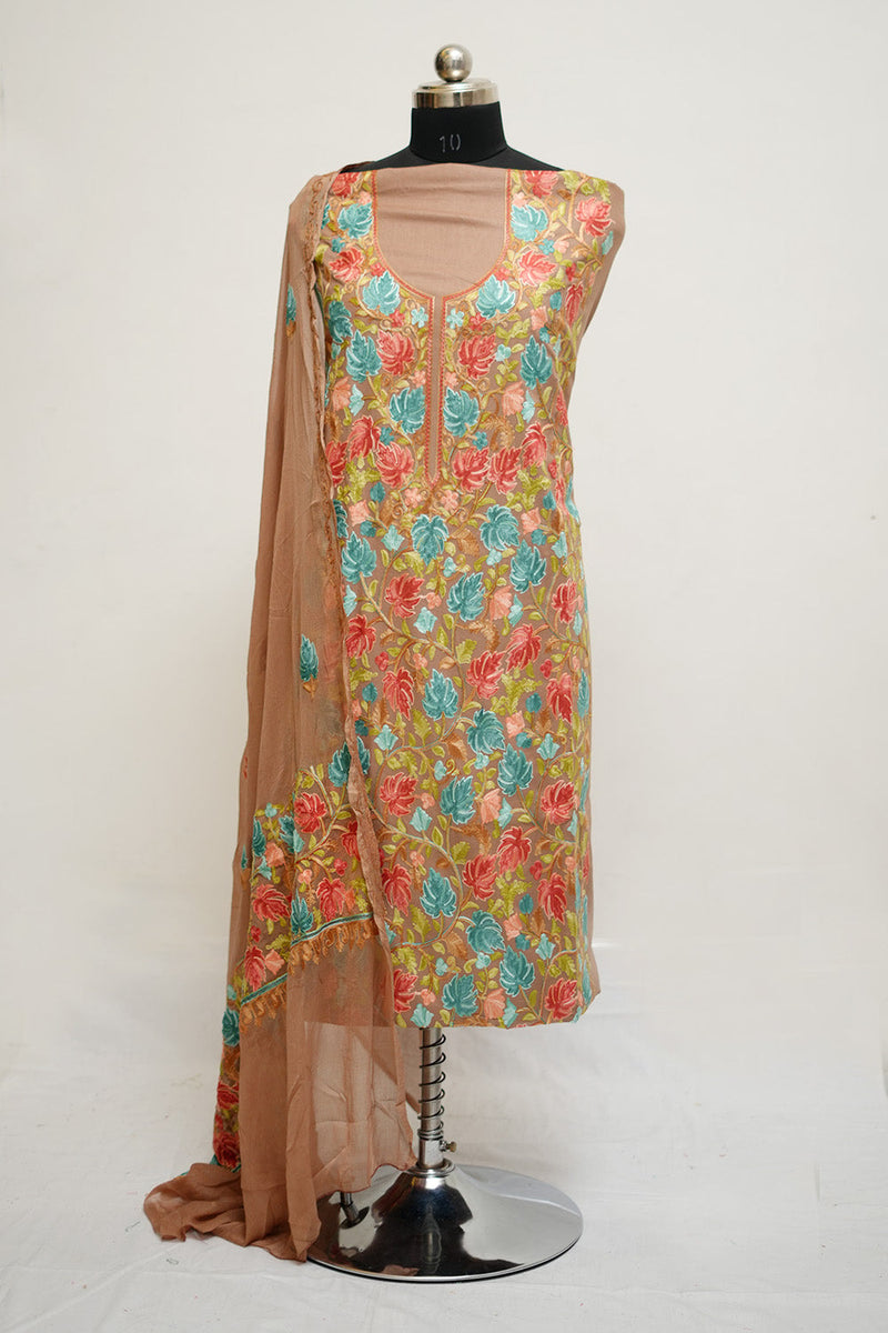 Kamij Pattern Beige aari work salwar kameez with chinar heavy jaal pattern