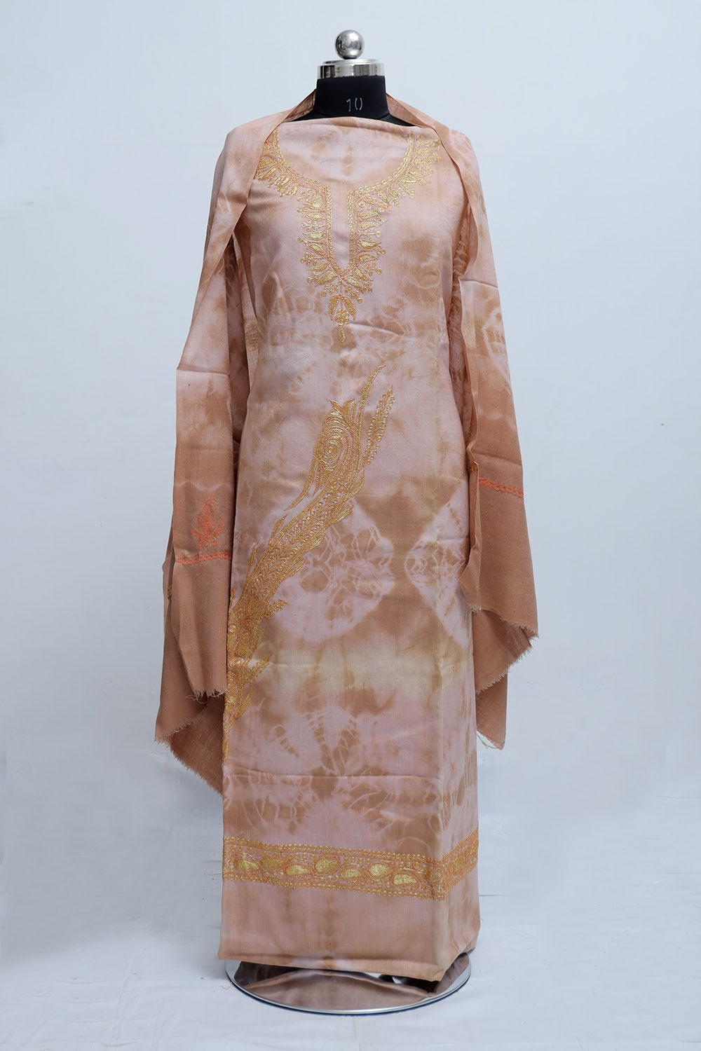 Beige Brown Color Tye And Dye Semi Pashmina Suit Having