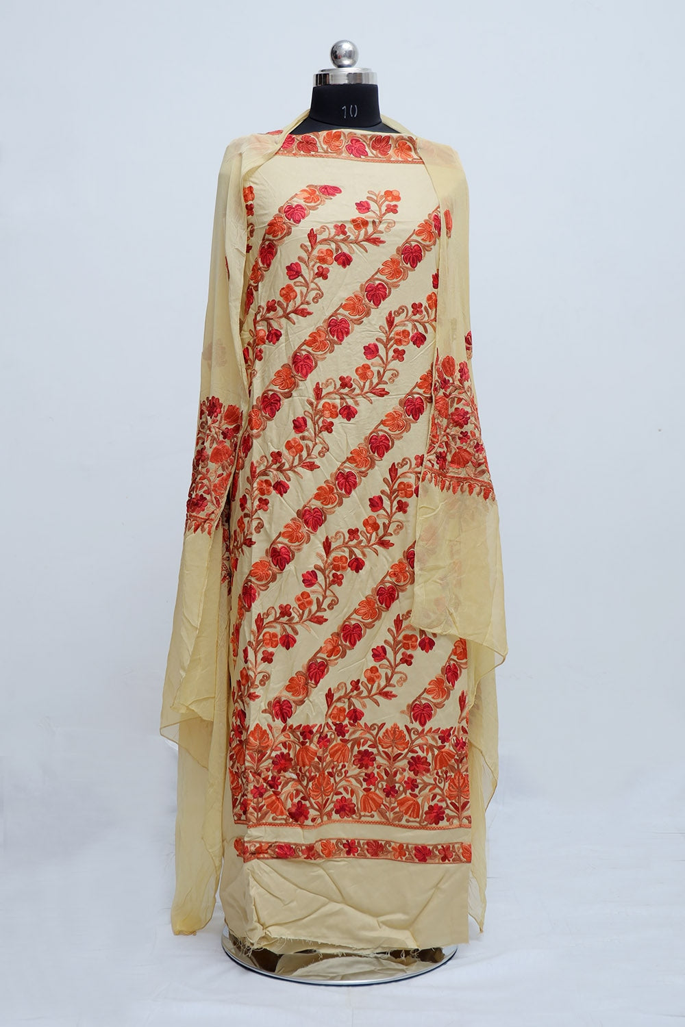 Beige Color Rayon Cotton Kashmiri Aari Work Unstitched Suit