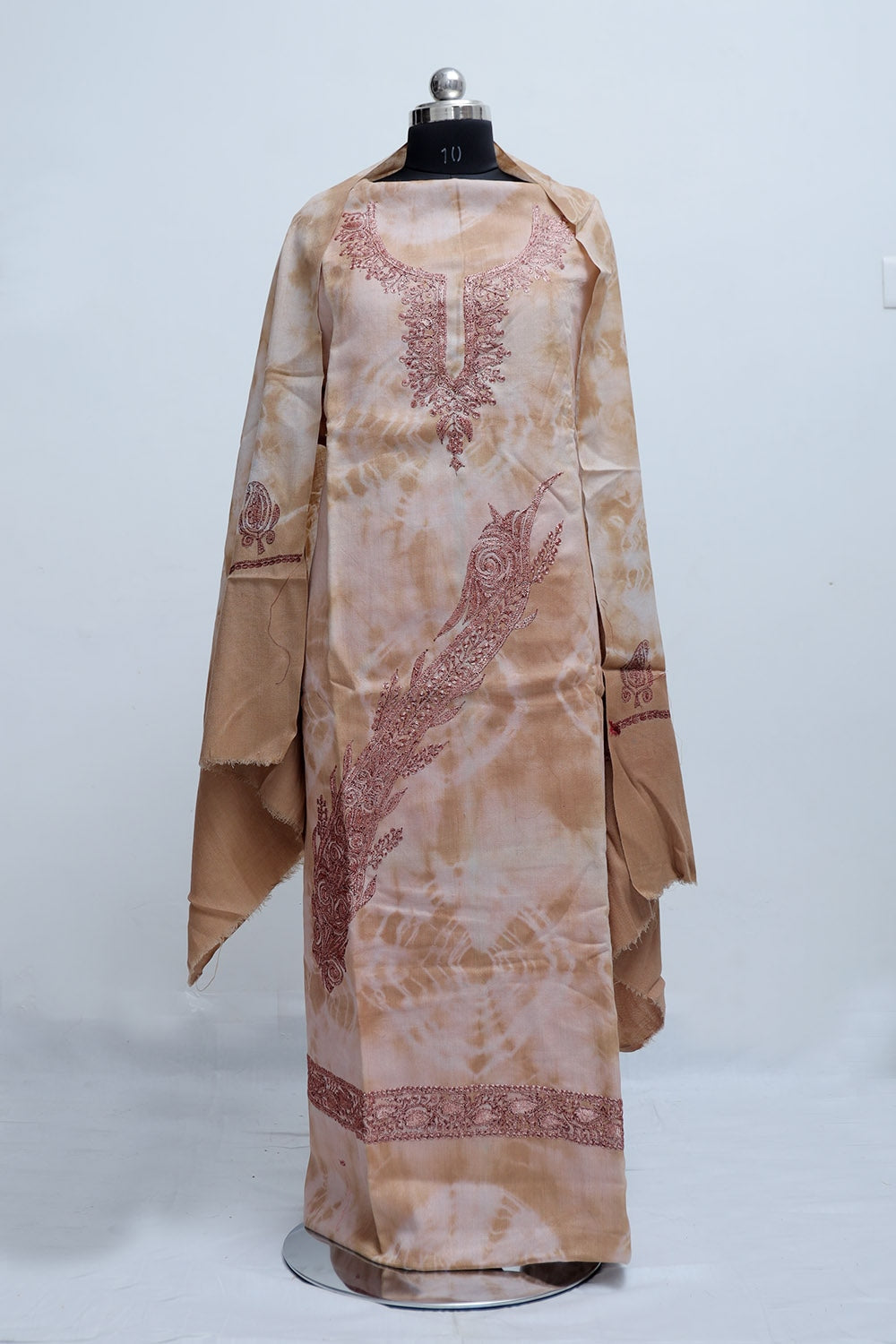 Beige Color Tye And Dye Semi Pashmina Suit Having Tilla Neck