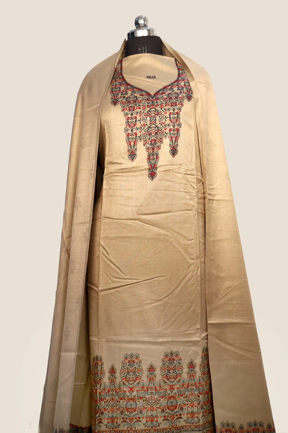 Beige Color Woolen Kashmiri Kani Work Unstitched Suit Fabric