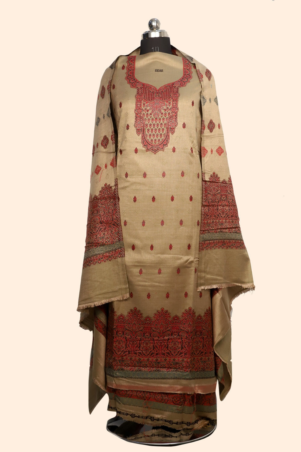Beige Color Woolen Kashmiri Kani Work Unstitched Suit Fabric