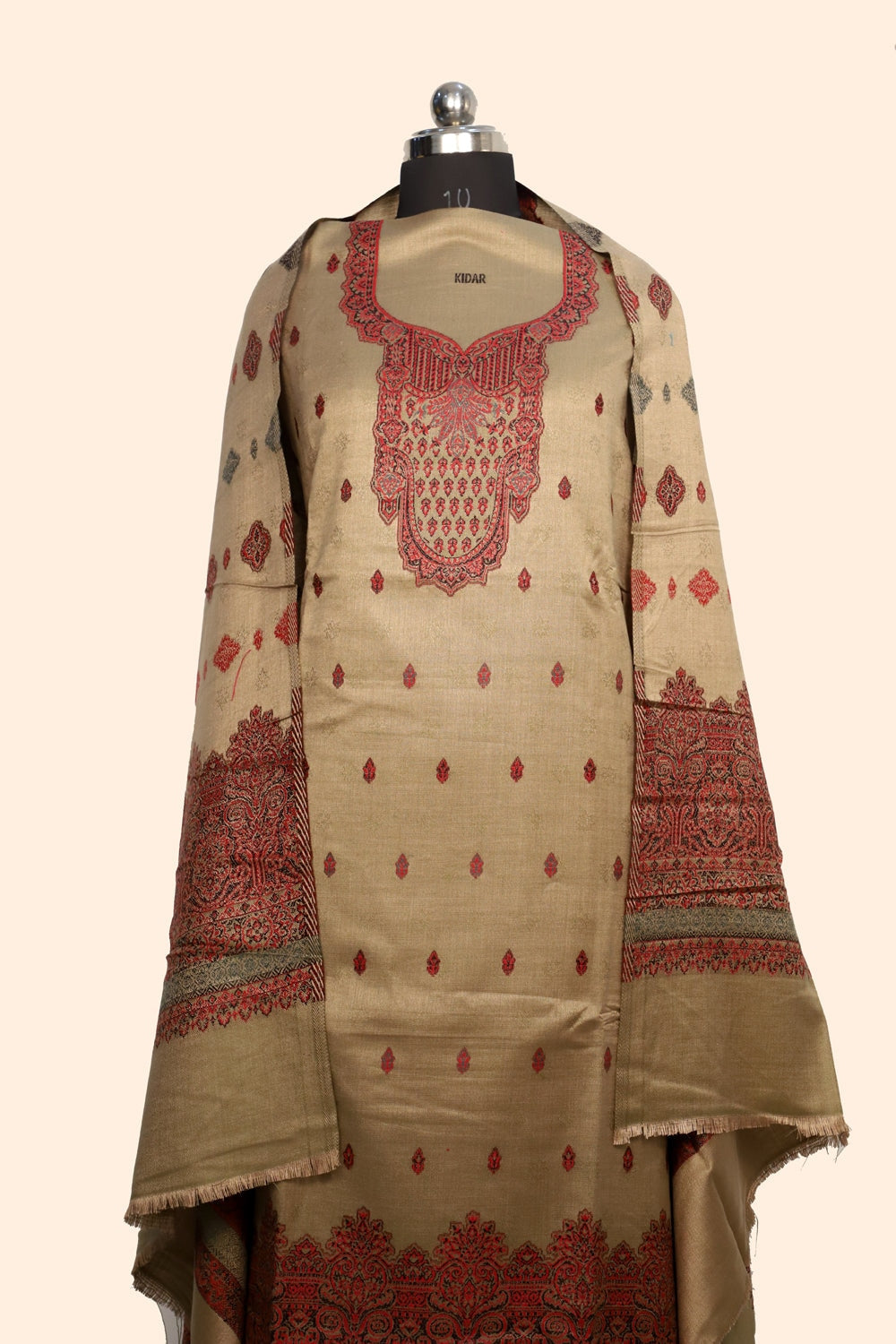 Beige Color Woolen Kashmiri Kani Work Unstitched Suit Fabric