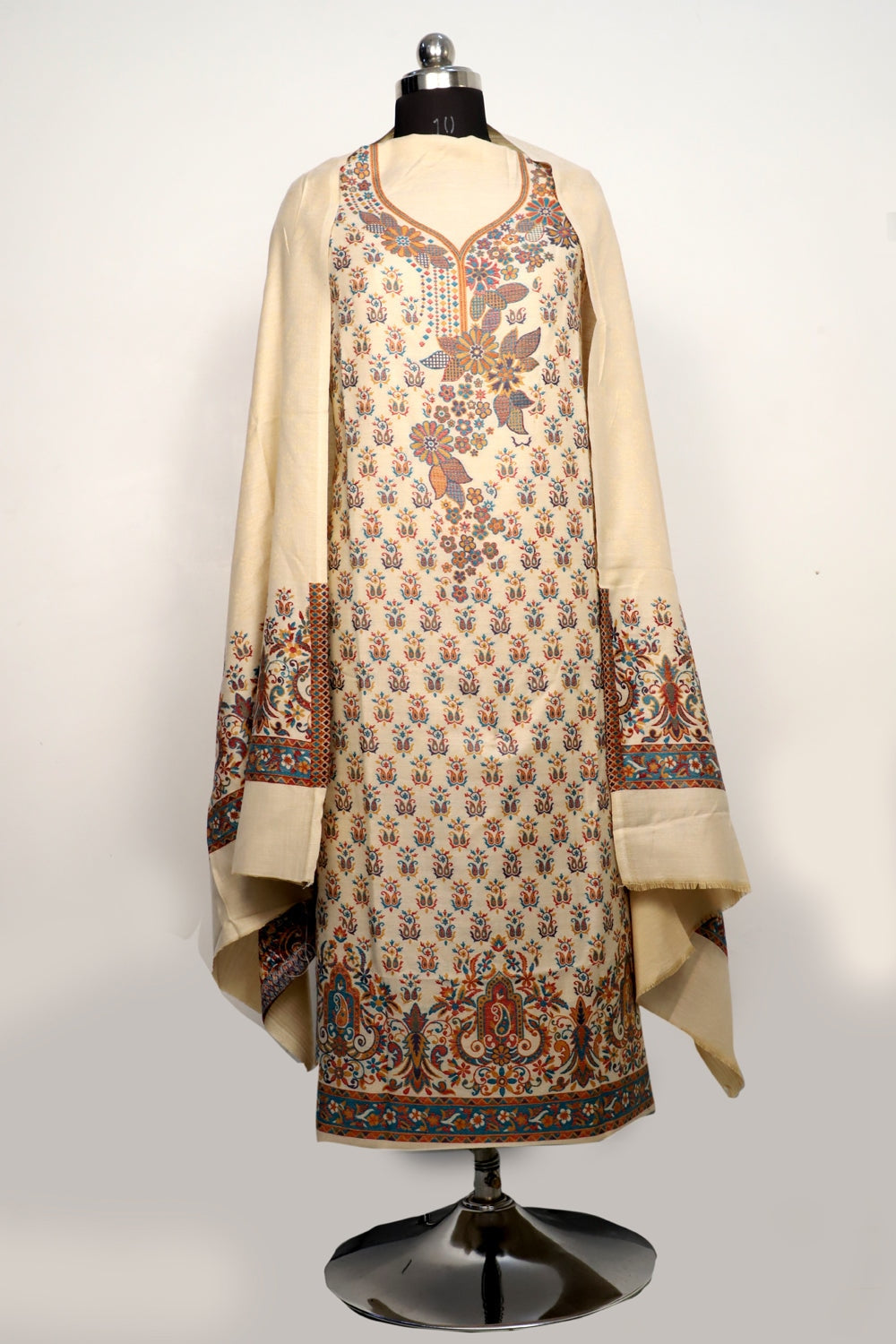 Beige Color Woolen Kashmiri Kani Work Unstitched Suit Fabric