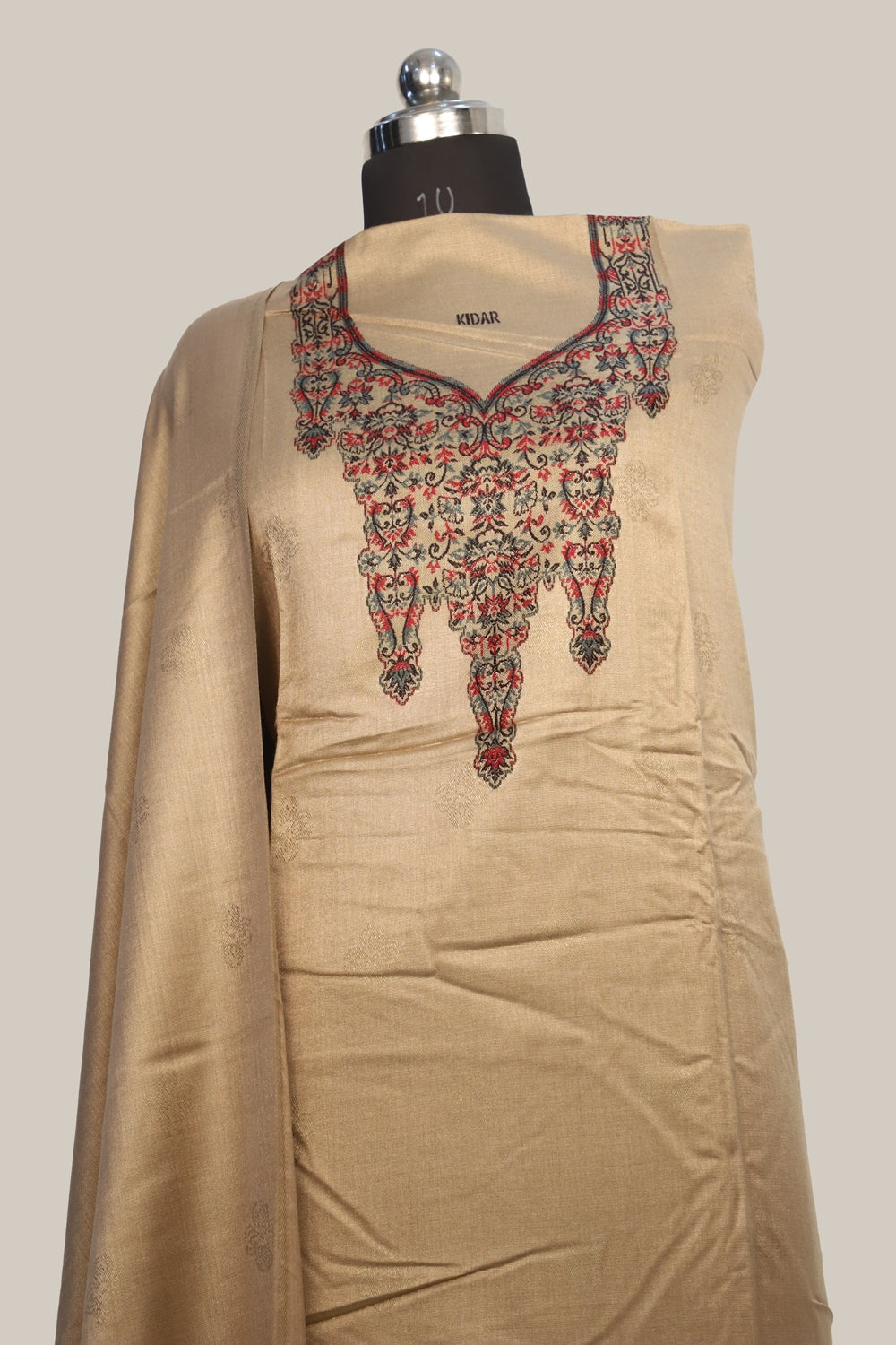 Beige Color Woolen Kashmiri Kani Work Unstitched Suit