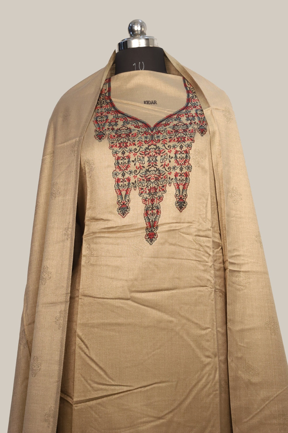 Beige Color Woolen Kashmiri Kani Work Unstitched Suit