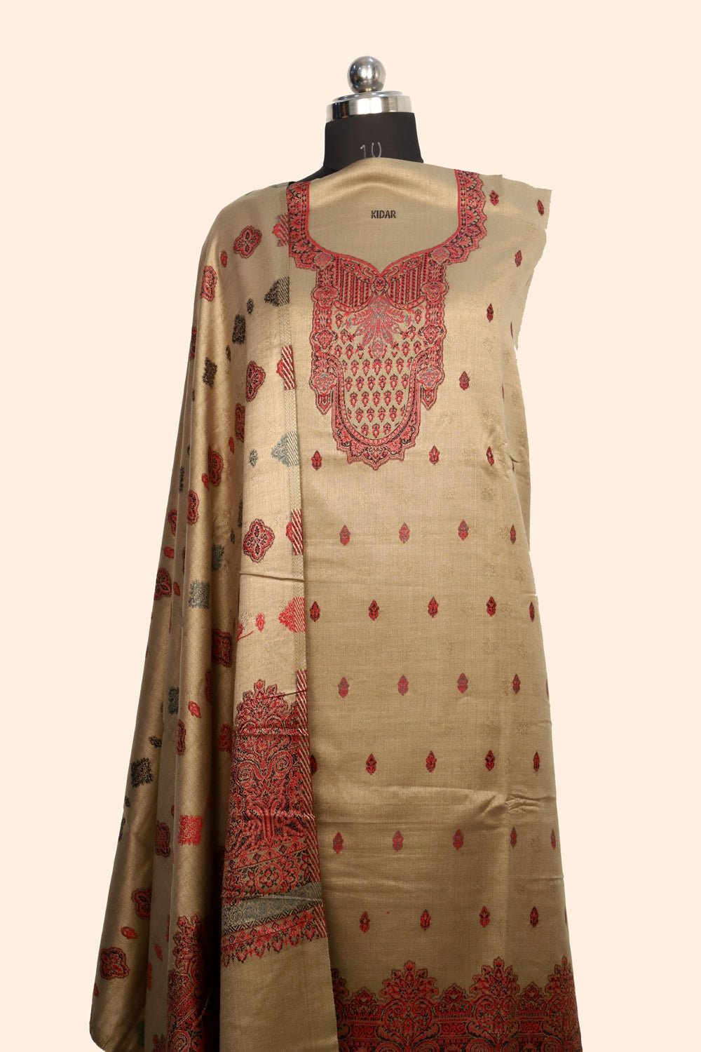 Beige Color Woolen Kashmiri Kani Work Unstitched Suit