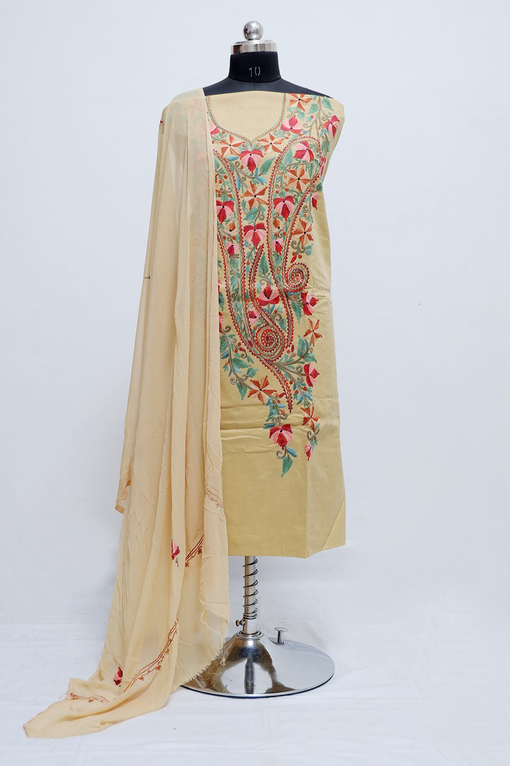 Beige Colour Cotton Suit With Over All Kashmiri Jaal Highly