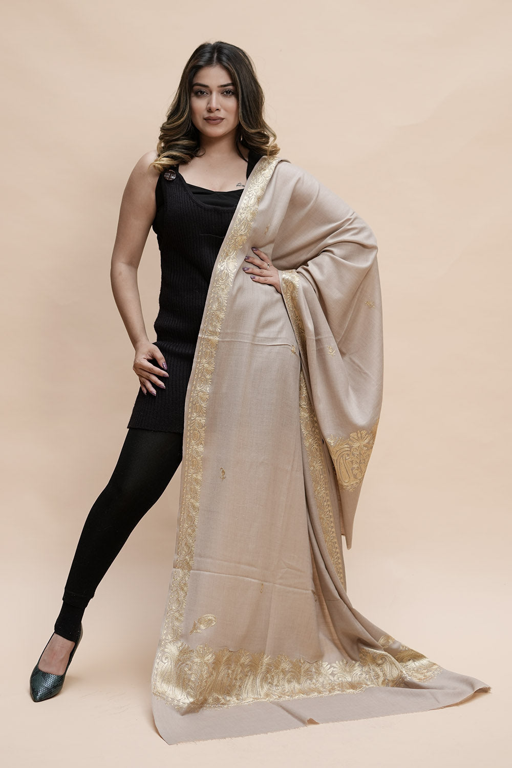 Beige Colour Semi Pashmina Shawl Enriched With Ethnic Heavy