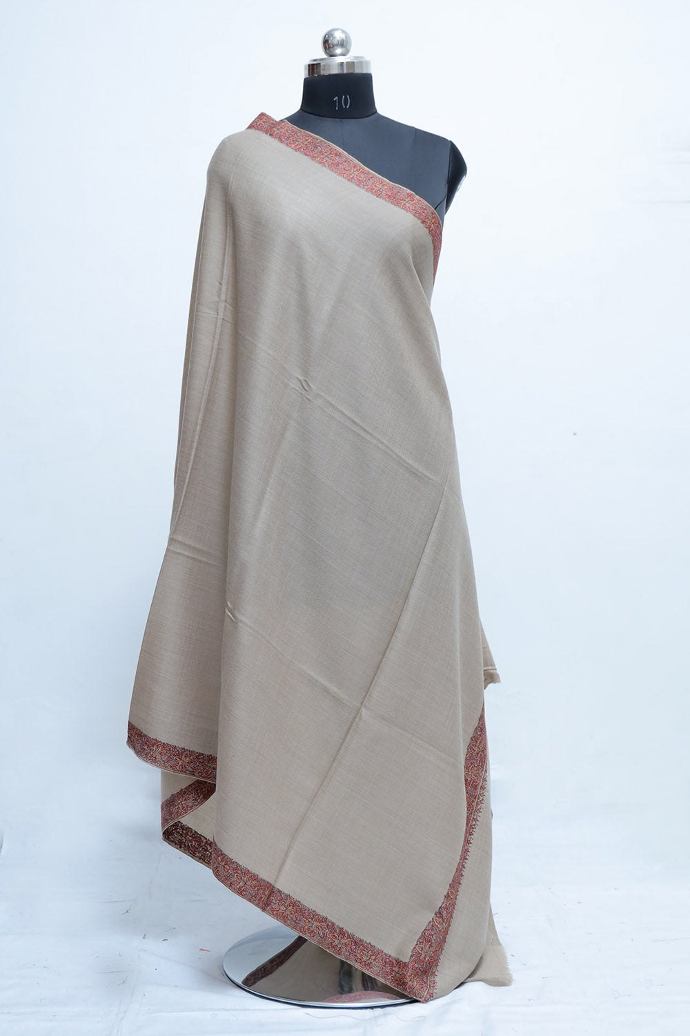 Beige Colour Semi Pashmina Sozni Shawl With Beautiful