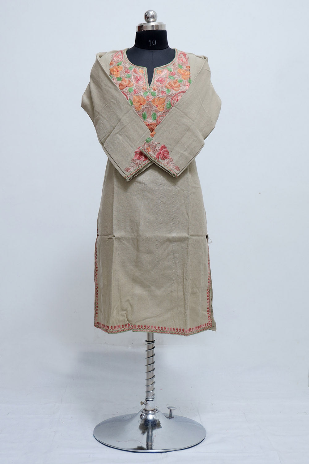 Beige Kashmir Aari Work Designer Embroidered Woollen Kurti
