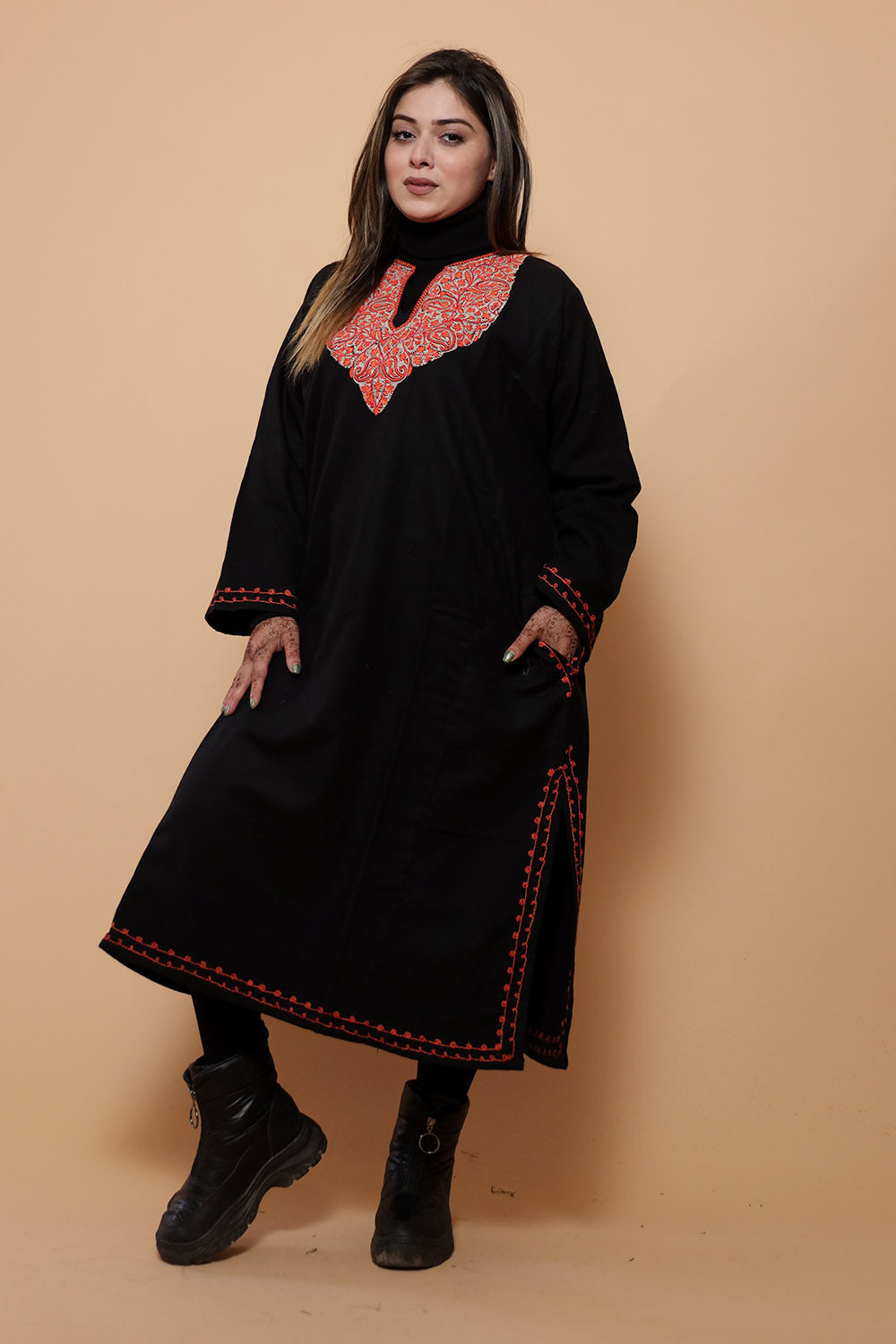 Black Color Kashmiri Work Embroidered Phiran Enriched