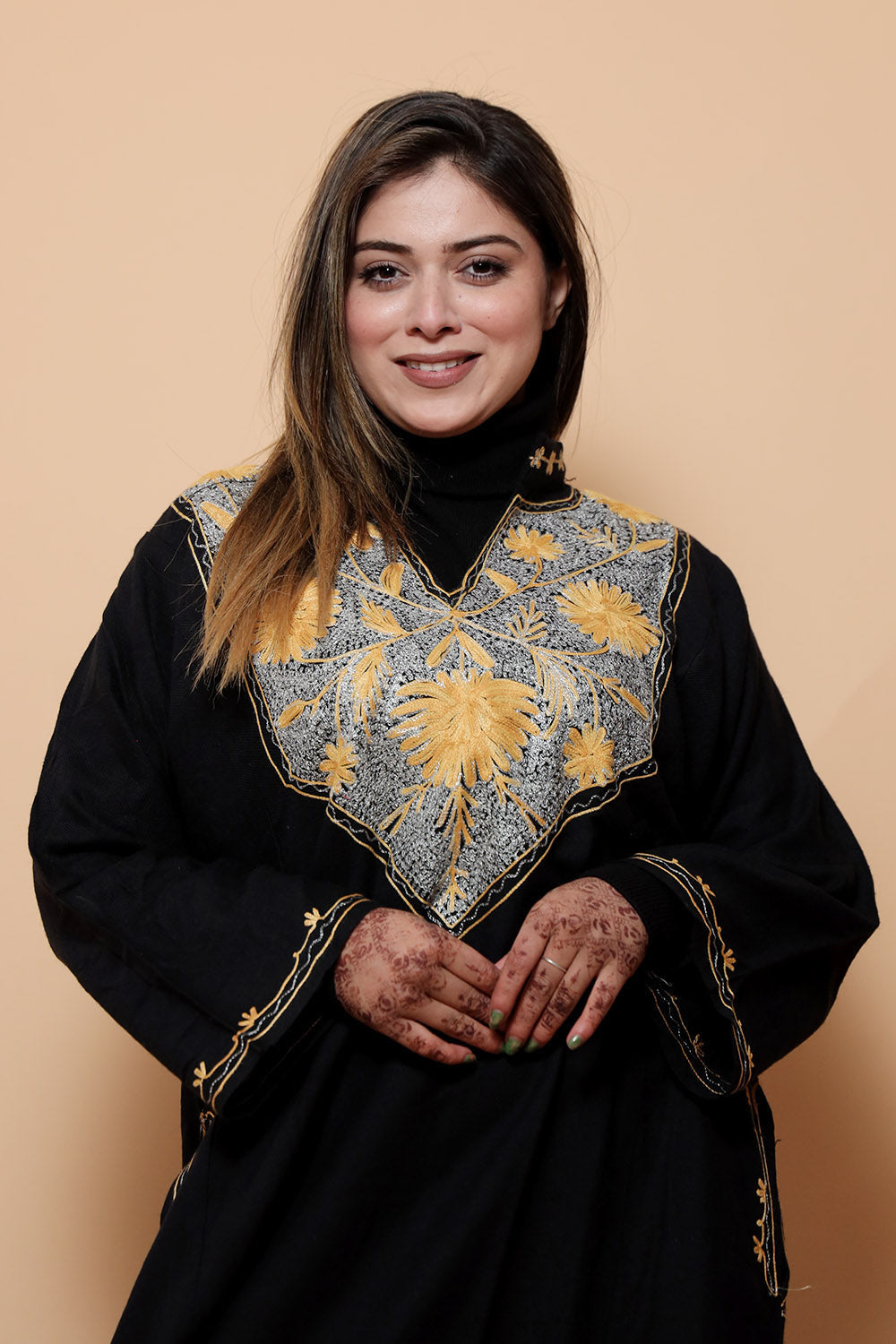 Black Color Kashmiri Work Embroidered Phiran Enriched