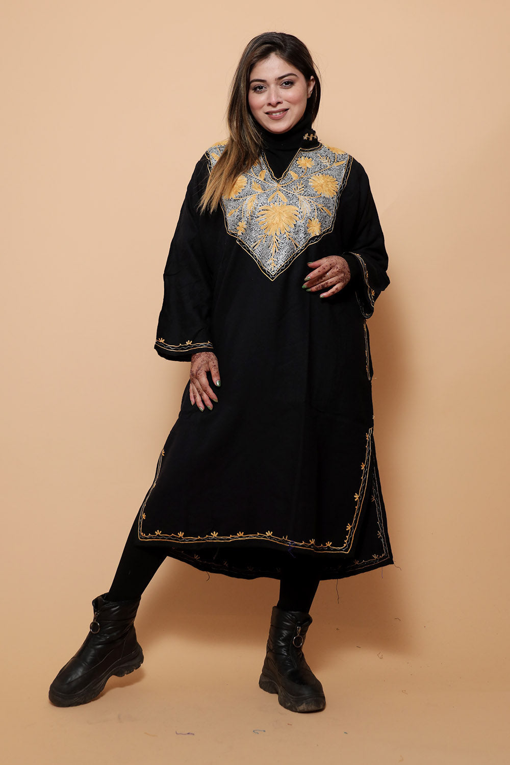 Black Color Kashmiri Work Embroidered Phiran Enriched