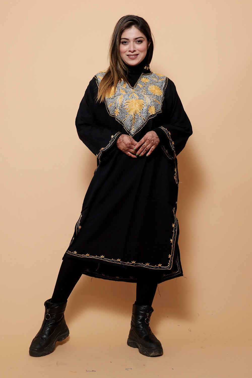Black Color Kashmiri Work Embroidered Phiran Enriched