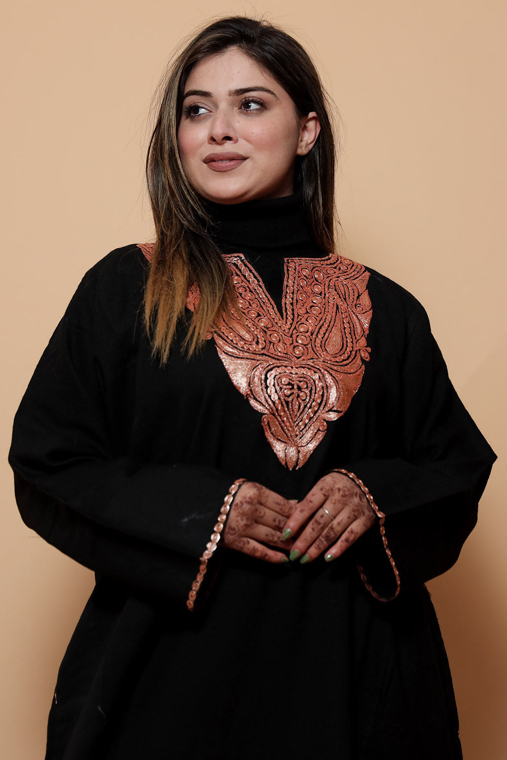 Black Color Kashmiri Work Embroidered Phiran Enriched