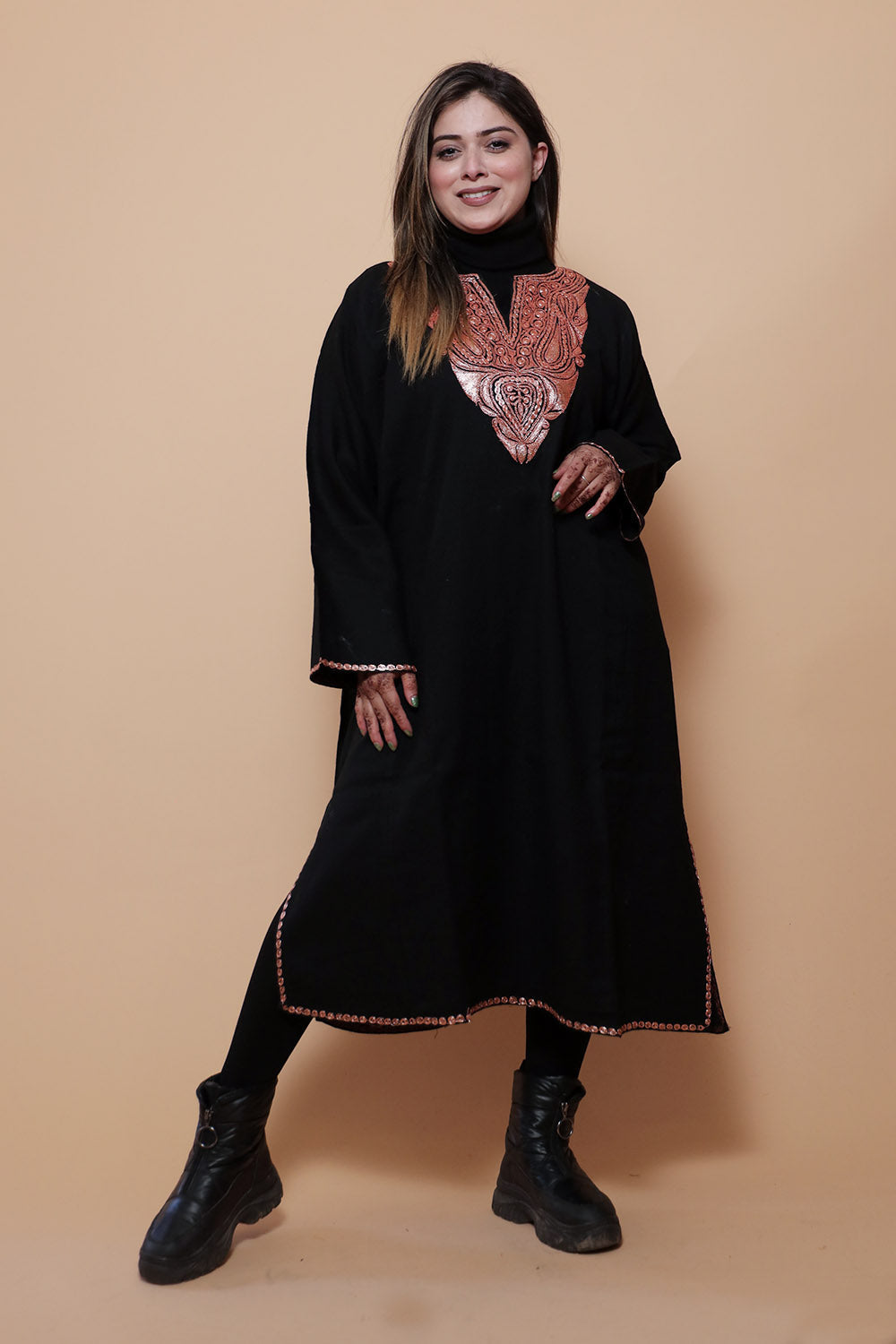 Black Color Kashmiri Work Embroidered Phiran Enriched