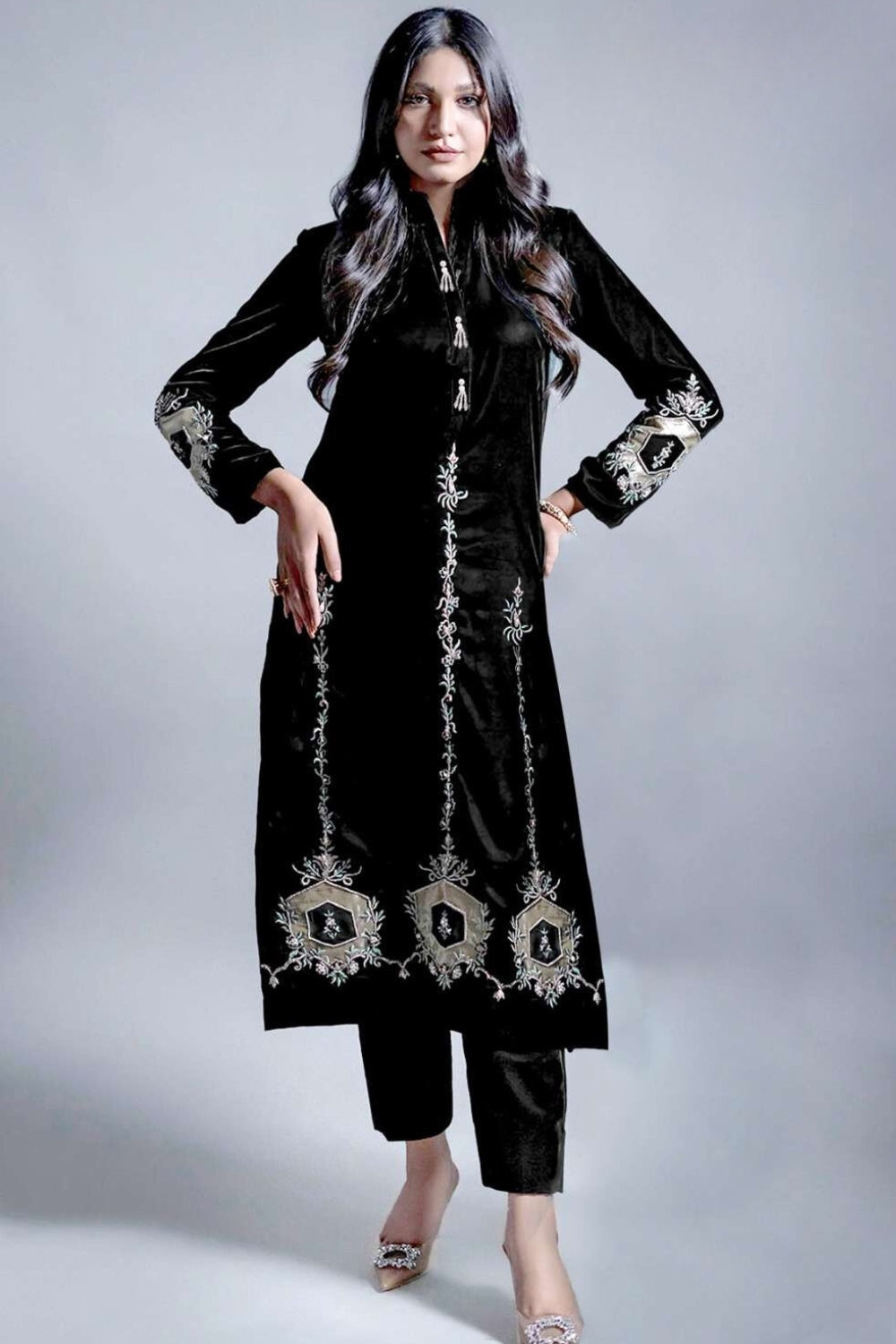 Black Color Winter Velvet Stitched Suit (Kurti With Pant)