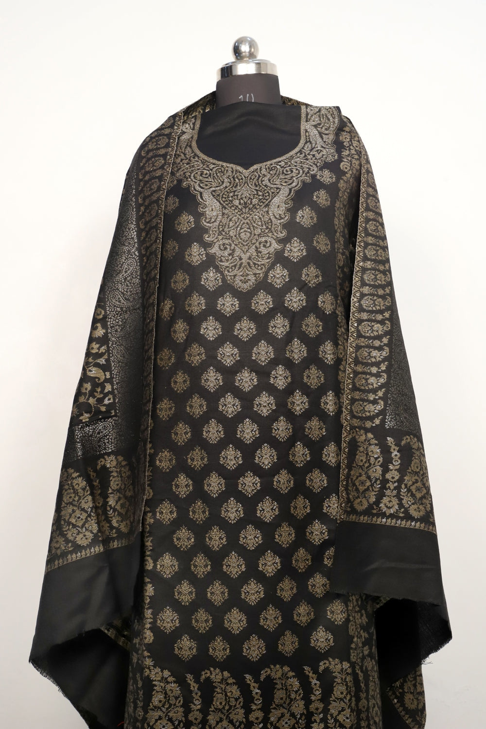 Black Color Woolen Kashmiri Kani Work Unstitched Suit Fabric