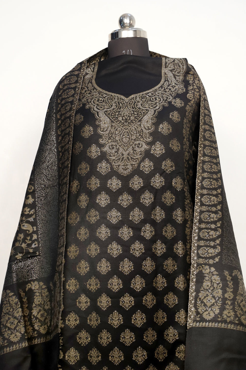 Black Color Woolen Kashmiri Kani Work Unstitched Suit Fabric