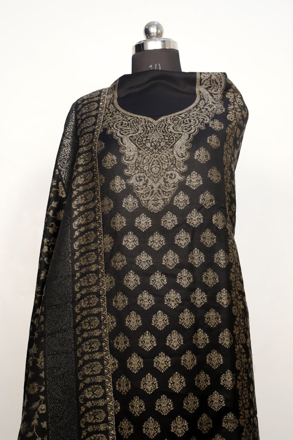 Black Color Woolen Kashmiri Kani Work Unstitched Suit Fabric