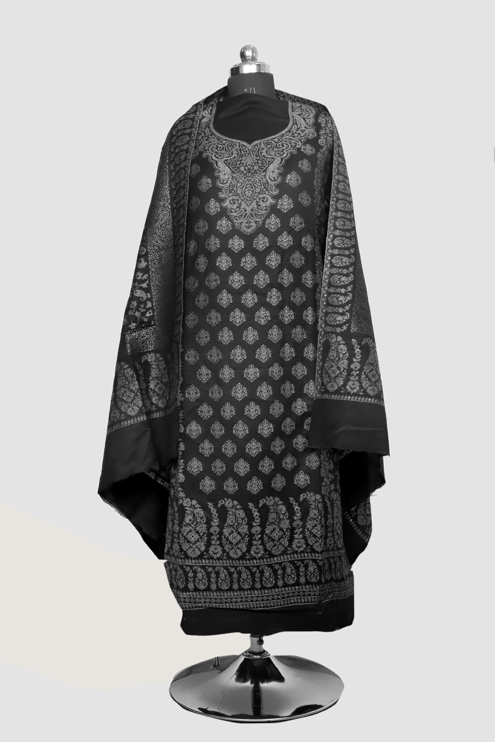 Black Color Woolen Kashmiri Kani Work Unstitched Suit Fabric
