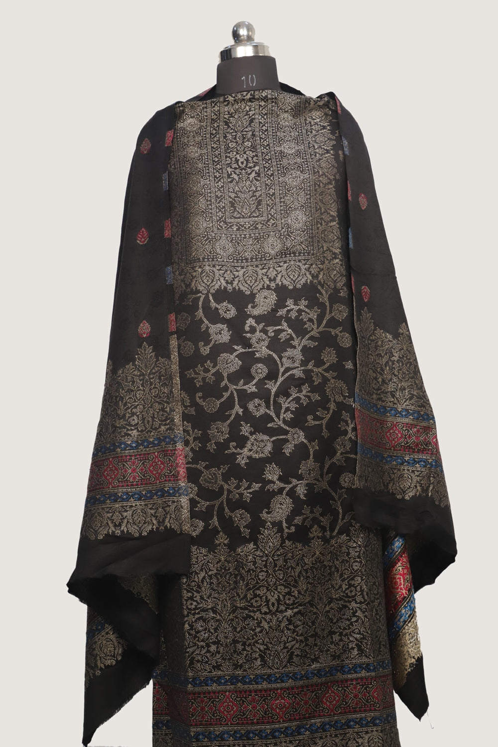 Black Color Woolen Kashmiri Kani Work Unstitched Suit Fabric