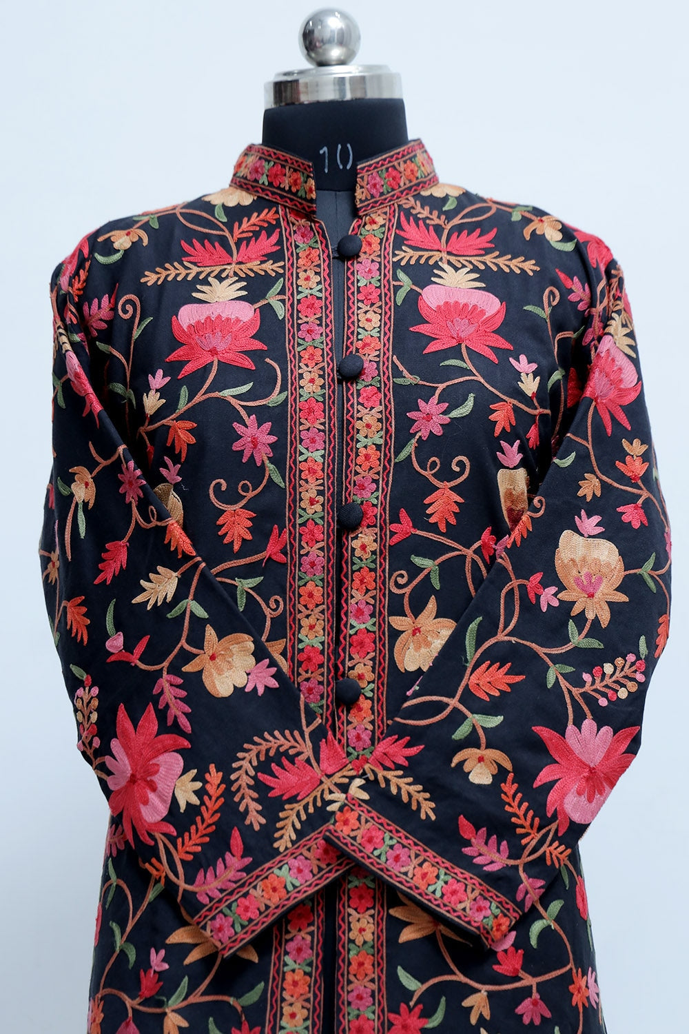 Black Colour Aari Work Multicoloured Embroidered Jacket