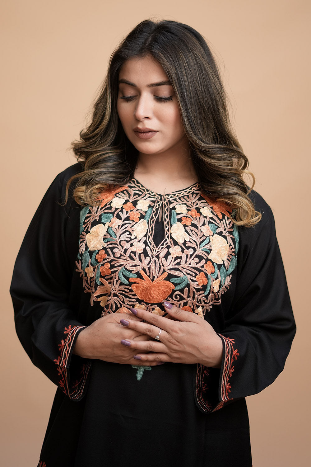 Black Colour Cotton Kurti With Kashmiri Motifs Latest