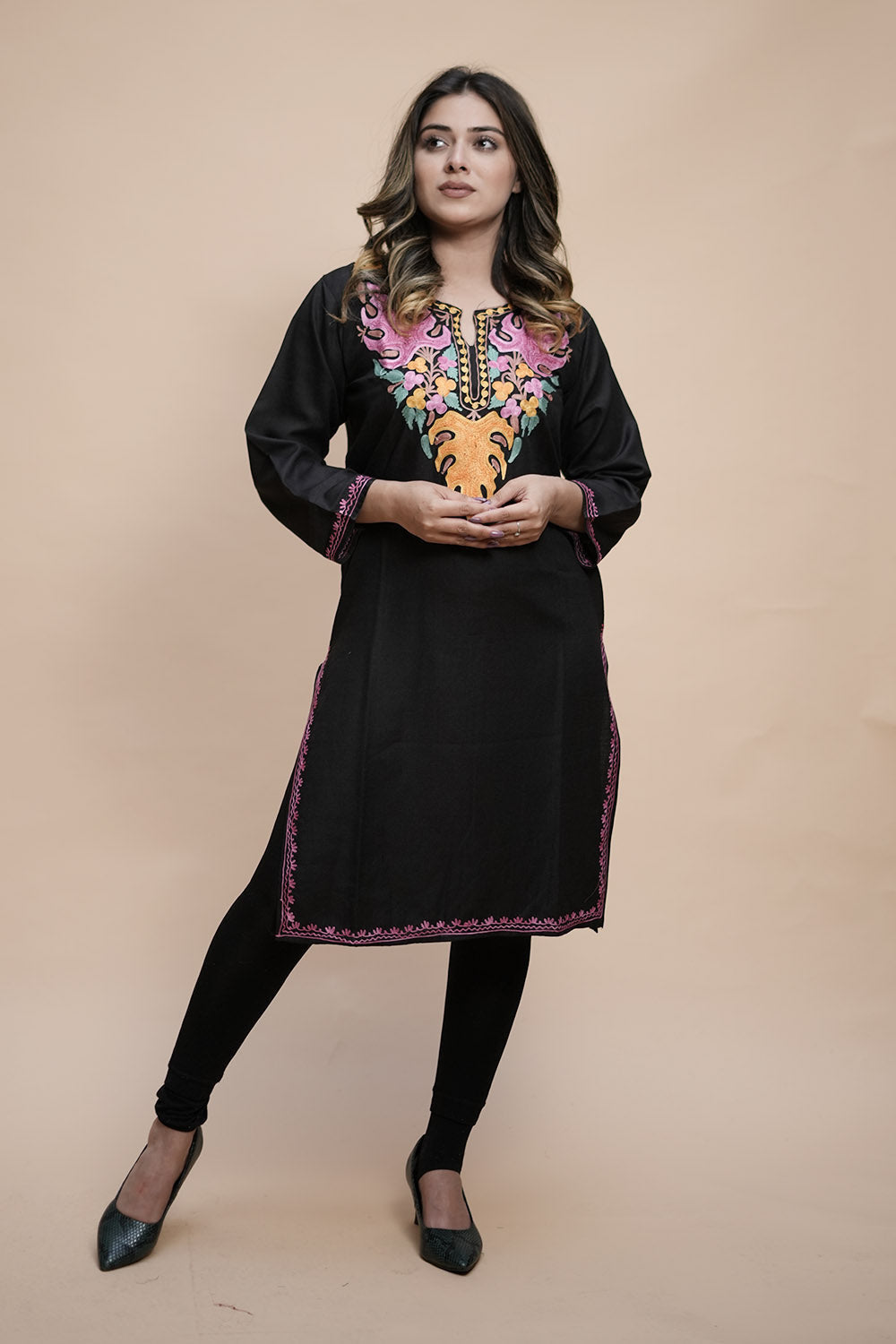 Black Colour Cotton Kurti With Kashmiri Motifs Latest