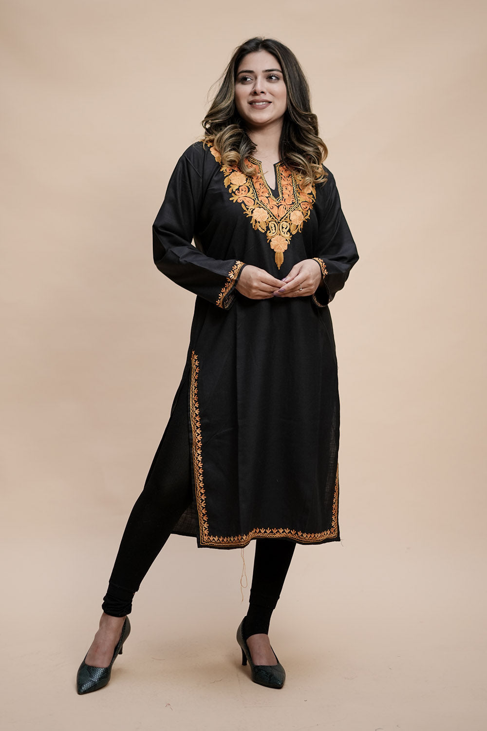 Black Colour Cotton Kurti With Kashmiri Motifs Latest