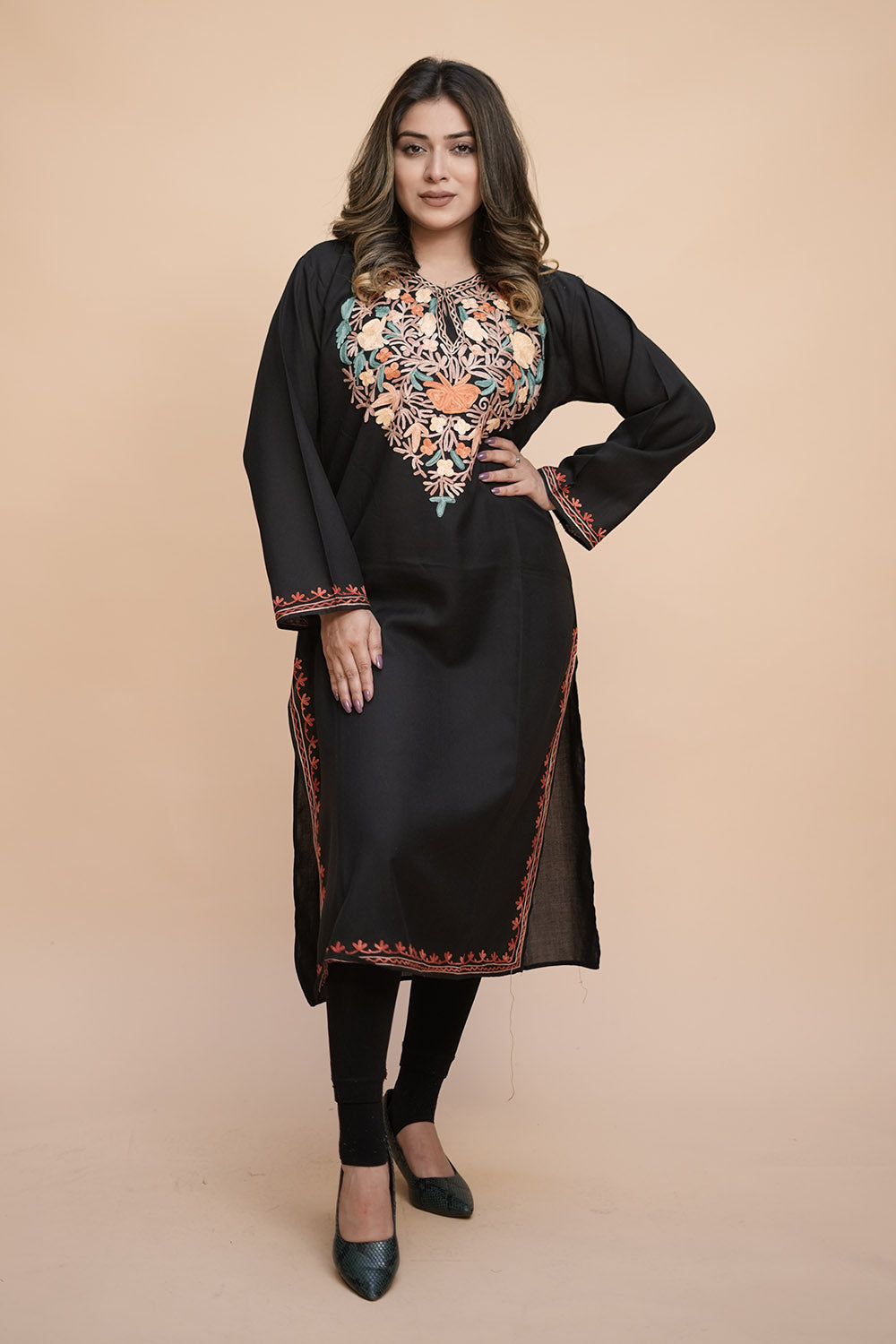 Black Colour Cotton Kurti With Kashmiri Motifs Latest