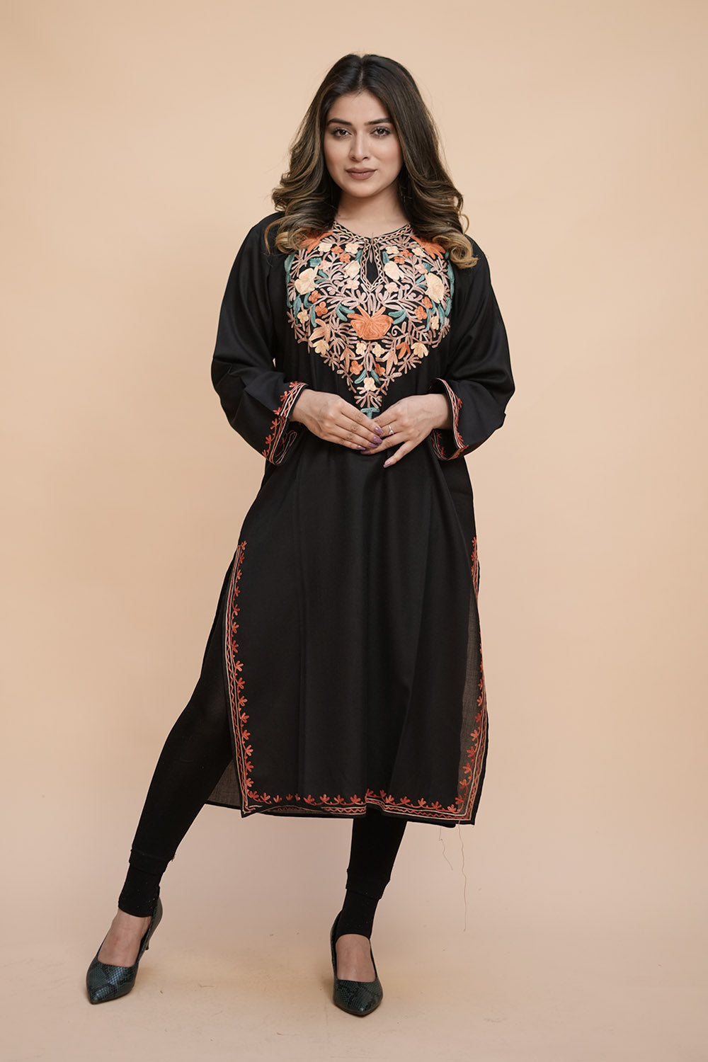 Black Colour Cotton Kurti With Kashmiri Motifs Latest