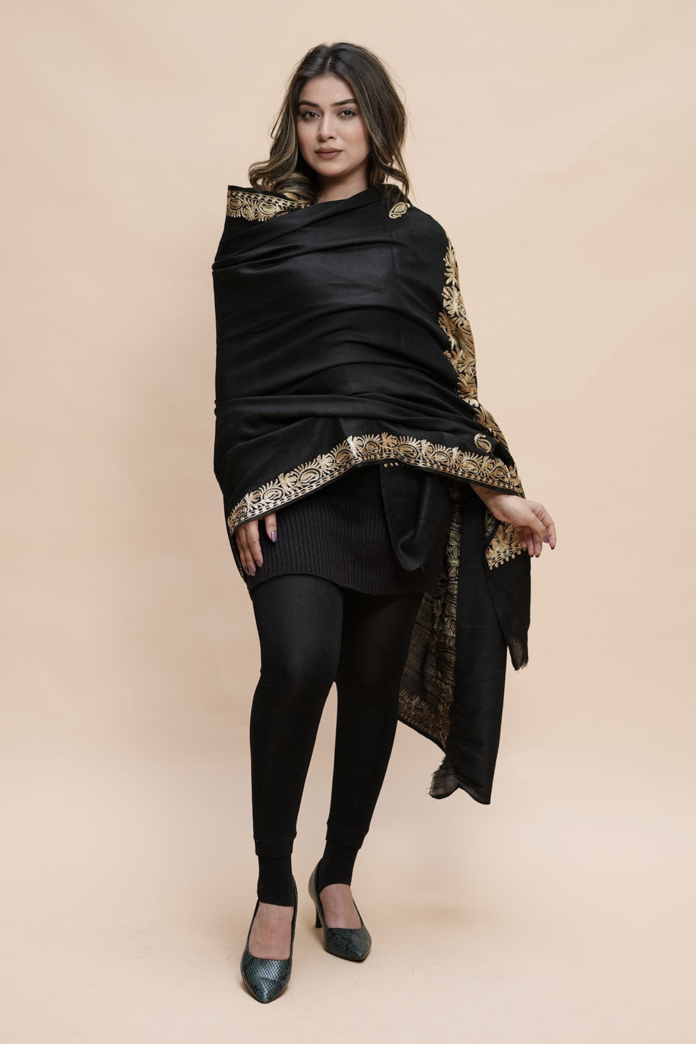 Black Colour Semi Pashmina Shawl Enriched With Ethnic Heavy