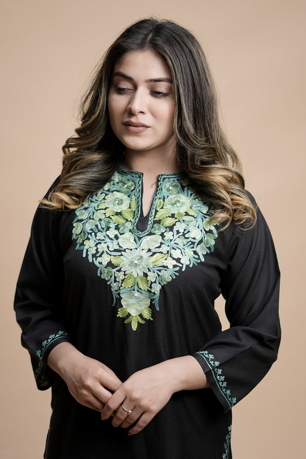 Black Cotton Aari Work Kurti With Multicoloured Designer