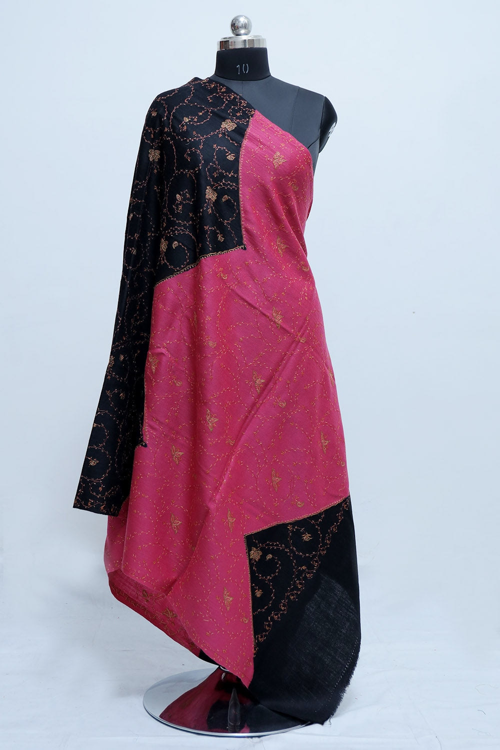 Black-Magenta Colour Kashmiri Sozni Work Shawl With Running