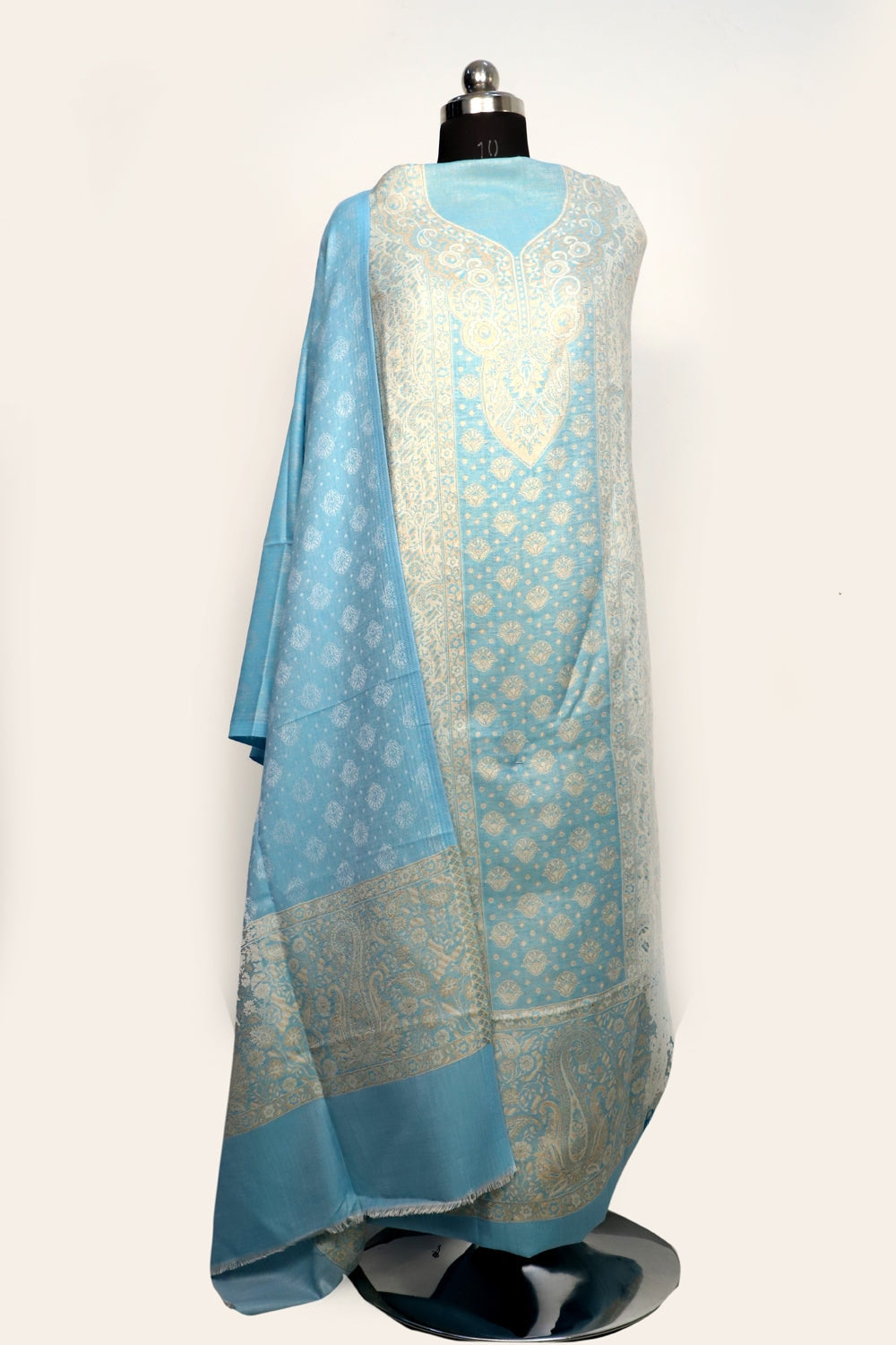 Sky Blue Color Woolen Kashmiri Kani Work Unstitched Suit
