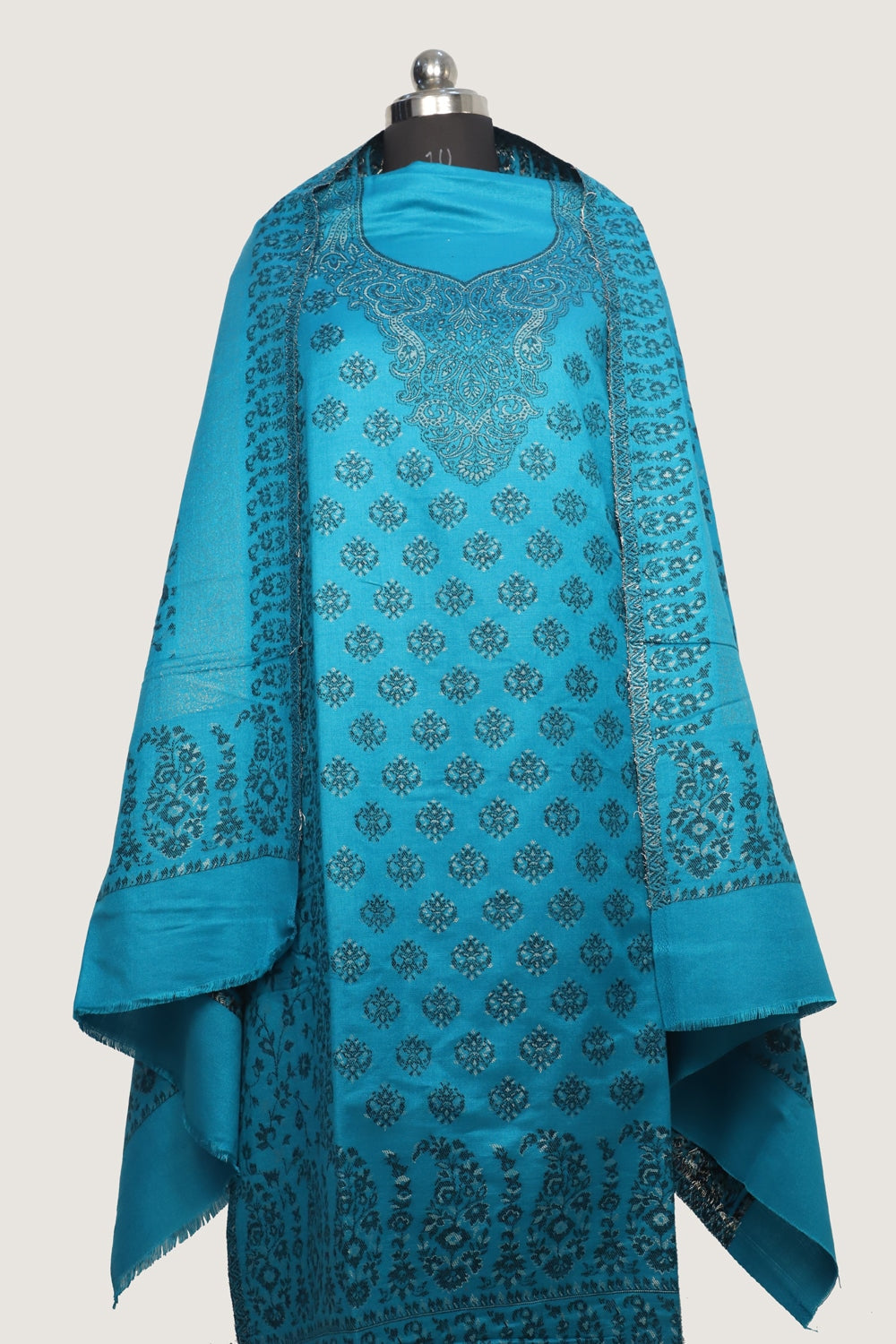 Blue Color Woolen Kashmiri Kani Work Unstitched Suit Fabric