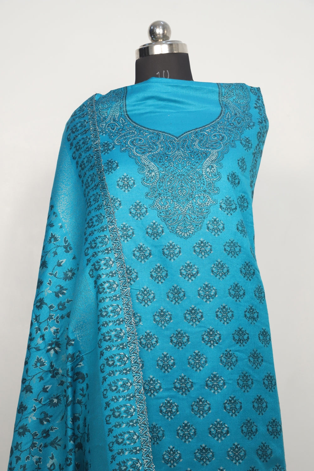 Blue Color Woolen Kashmiri Kani Work Unstitched Suit Fabric