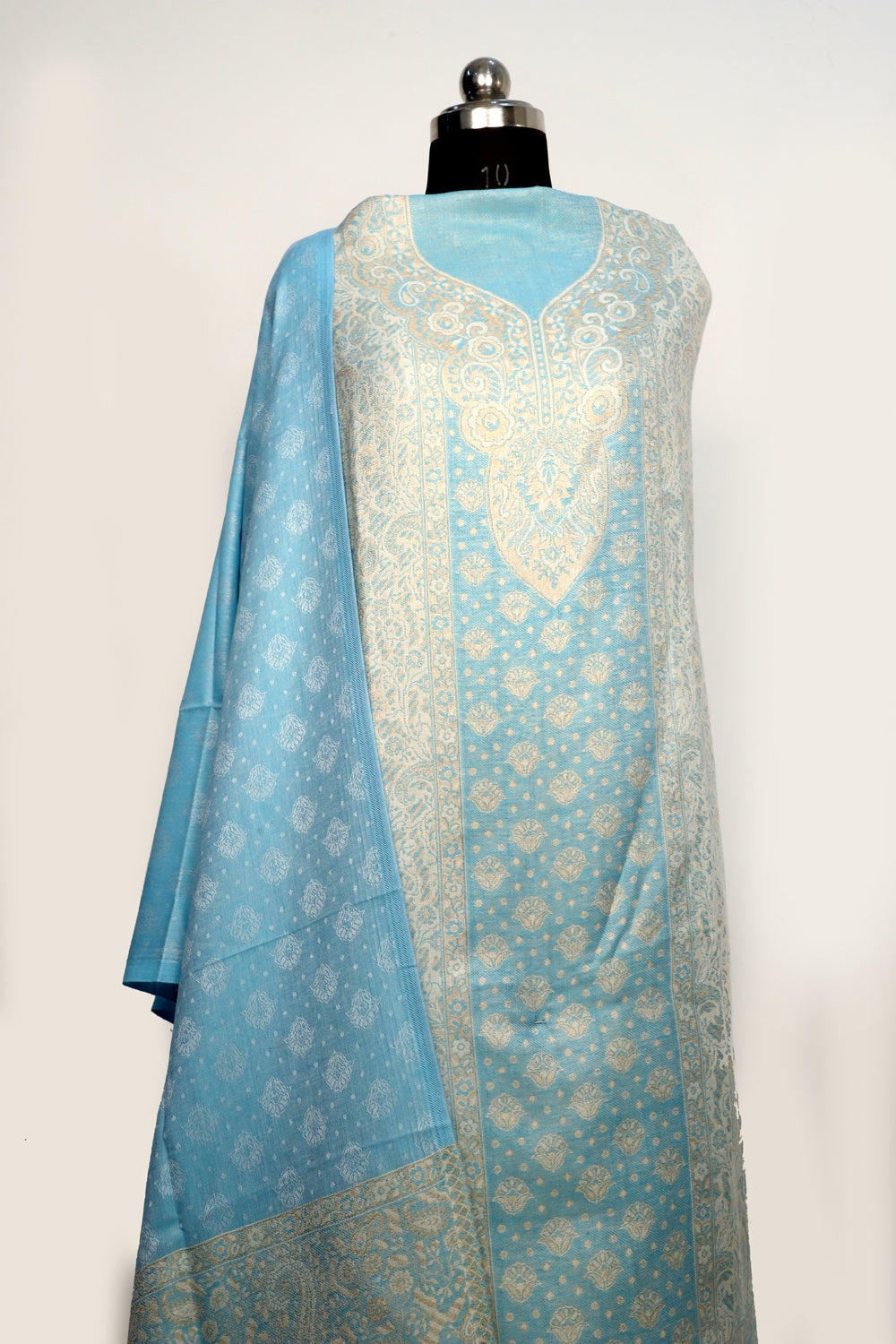 Sky Blue Color Woolen Kashmiri Kani Work Unstitched Suit