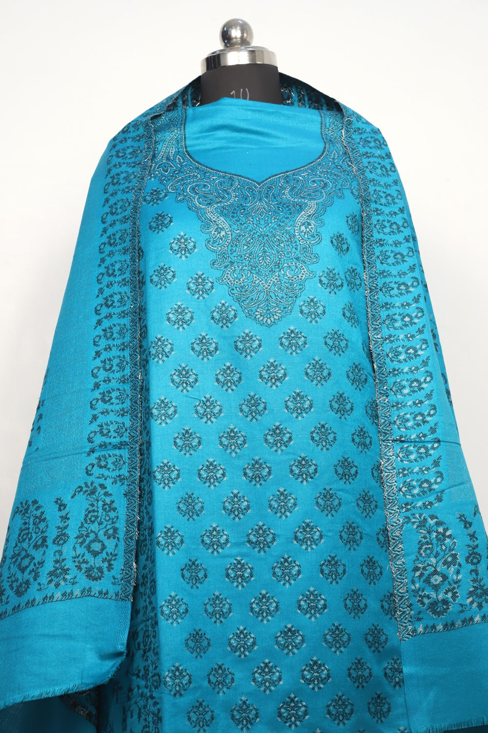 Blue Color Woolen Kashmiri Kani Work Unstitched Suit Fabric