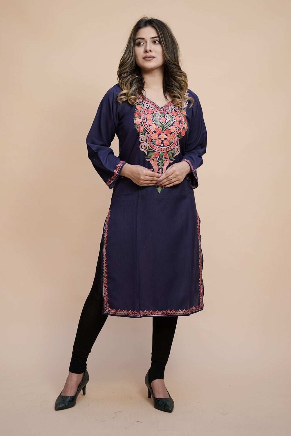 Blue Colour Cotton Kurti With Kashmiri Motifs Latest