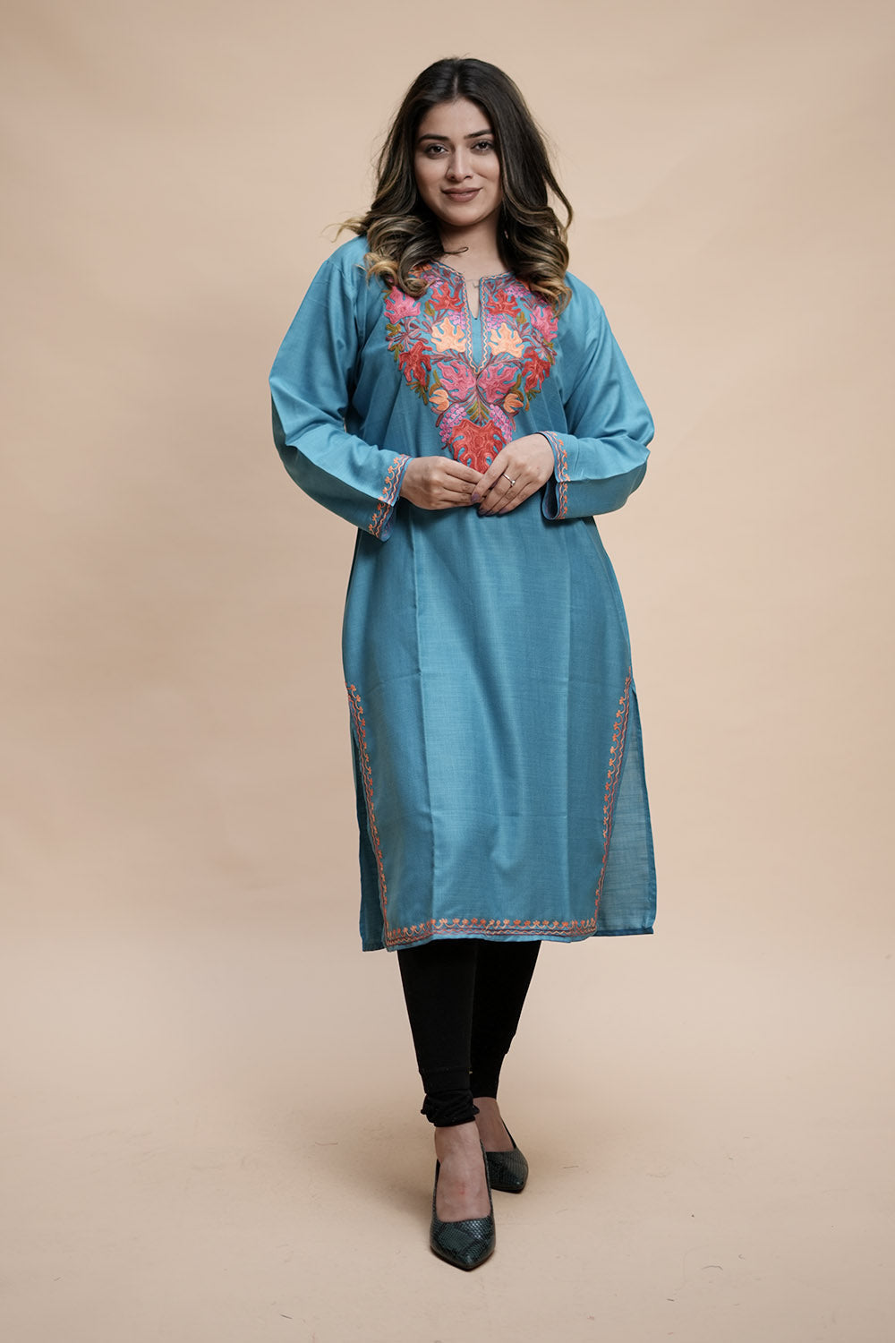 Blue Colour Cotton Kurti With Kashmiri Motifs Latest
