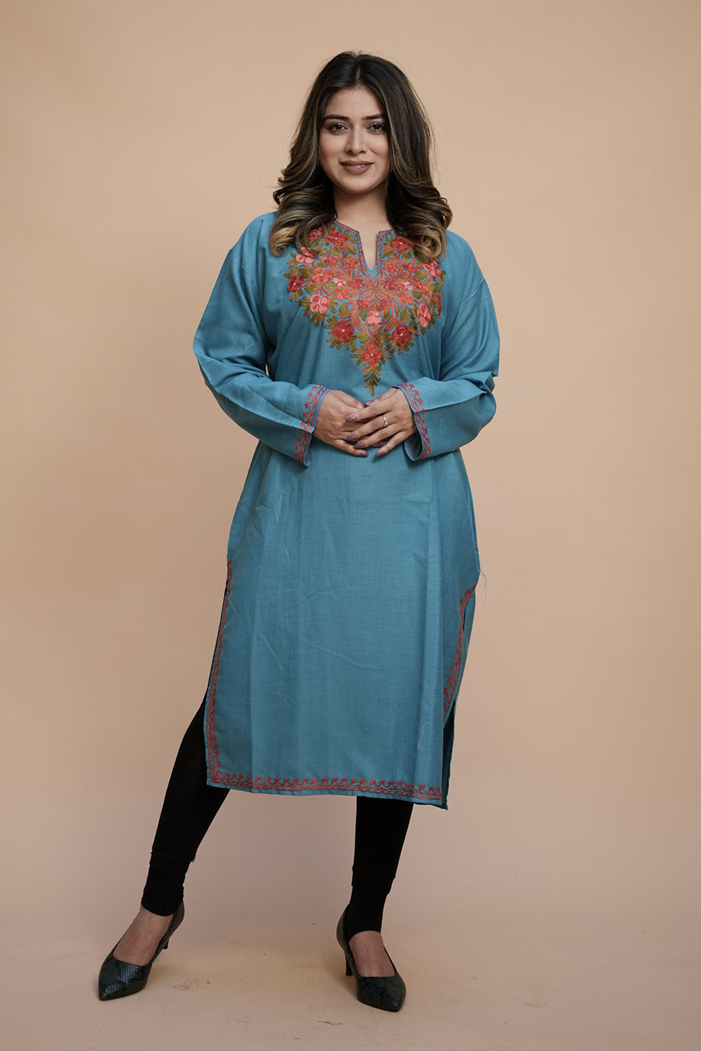 Blue Colour Cotton Kurti With Kashmiri Motifs Latest
