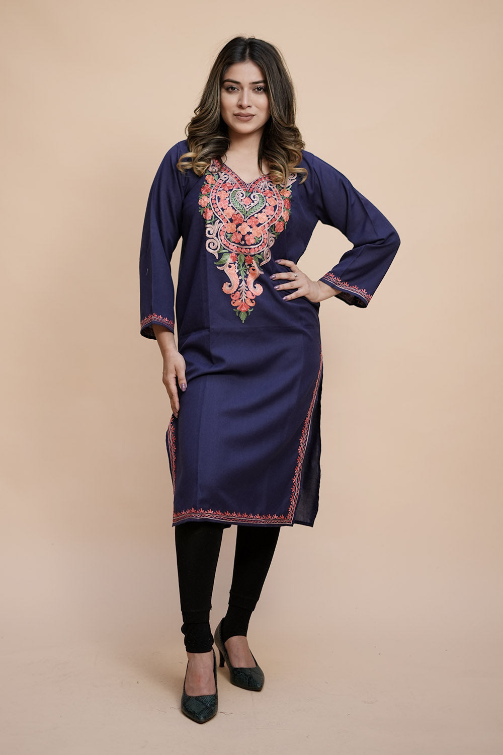 Blue Colour Cotton Kurti With Kashmiri Motifs Latest