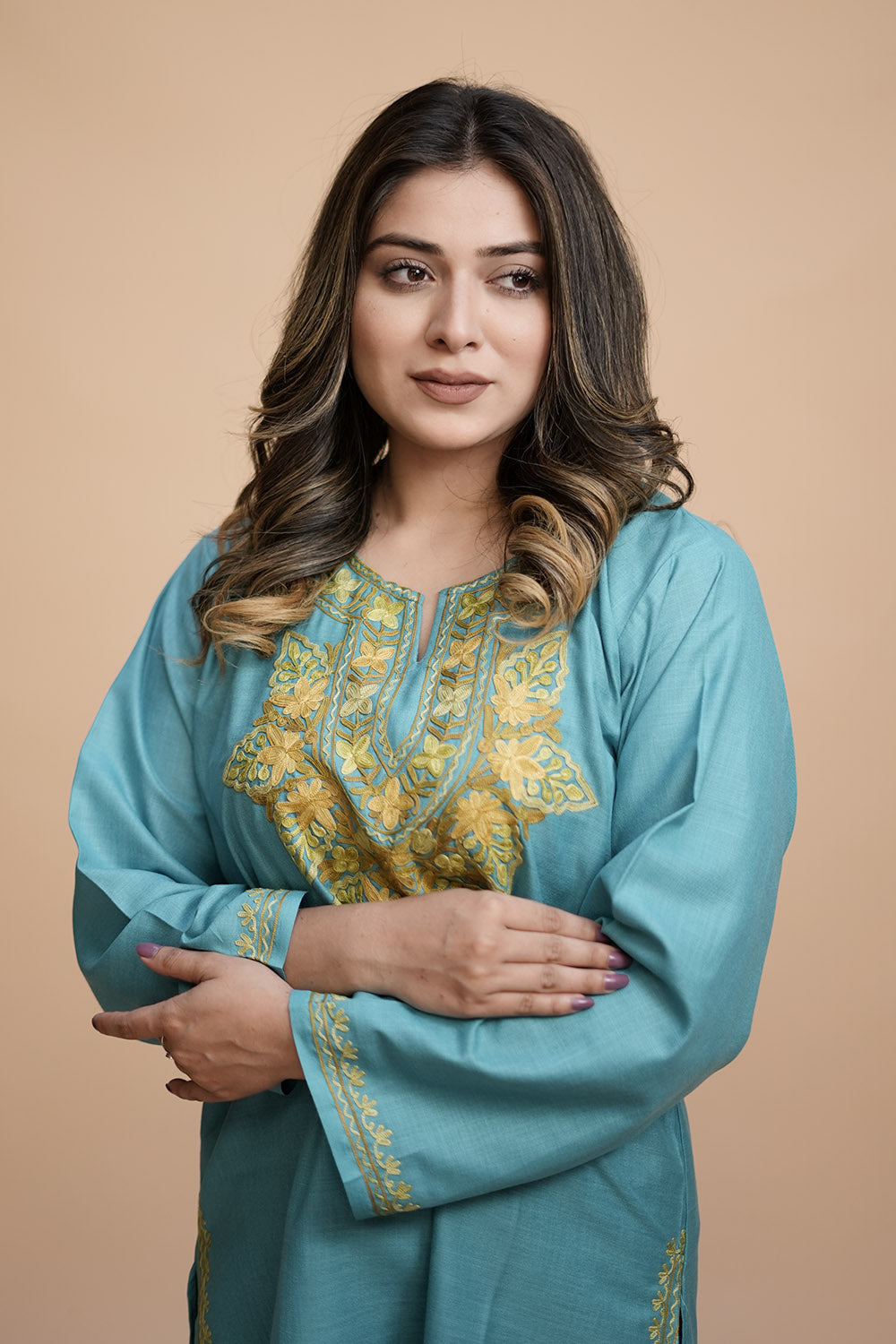 Blue Colour Cotton Kurti With Kashmiri Motifs Latest