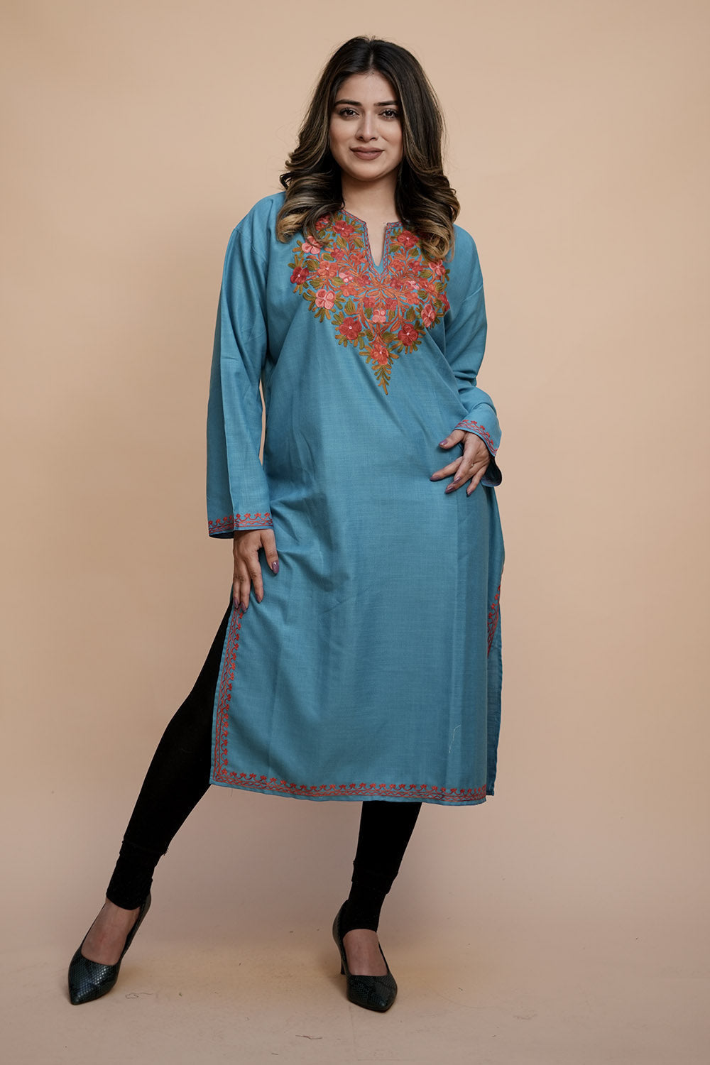 Blue Colour Cotton Kurti With Kashmiri Motifs Latest