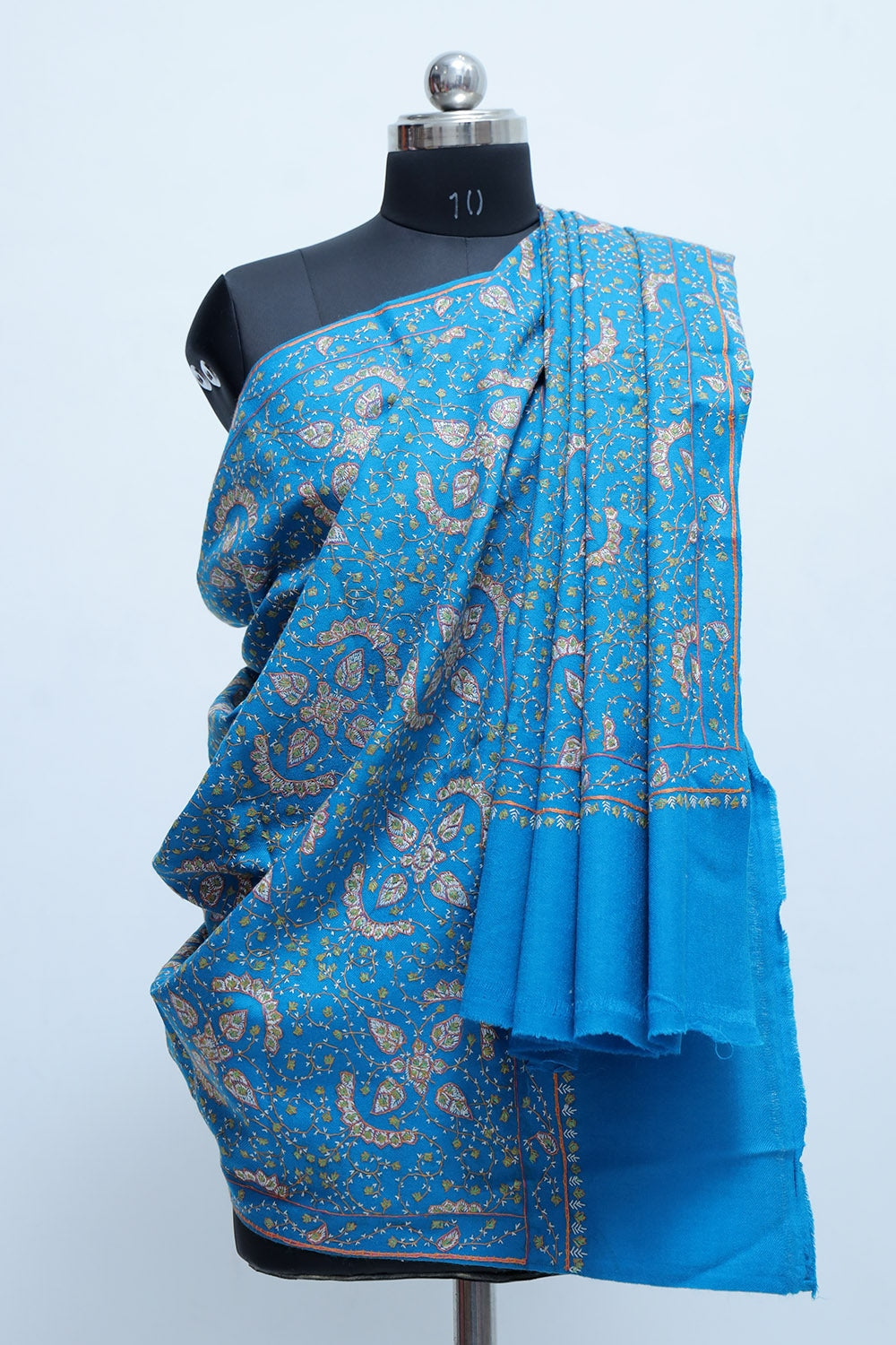 Blue Colour Sozni Shawl With Richly Embroidered Border